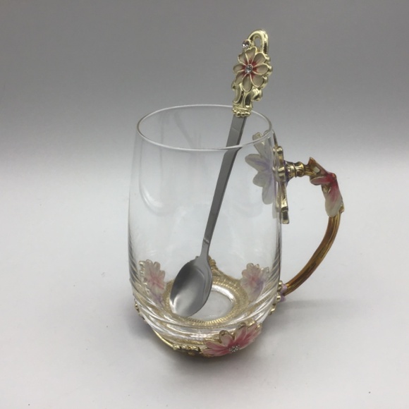 Coffee or Tea Mug Flowers Enamel Clear Glass Mug with Handle and Spoon. - Picture 2 of 6